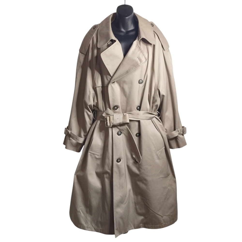 London Fog Men's Beige Double Breasted Belt Removable Liner Trench Coat Size 44